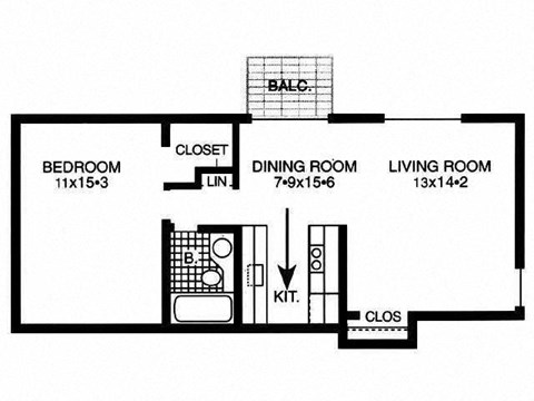 Floor plan for 1 bed, 1 bath, 700 sqft